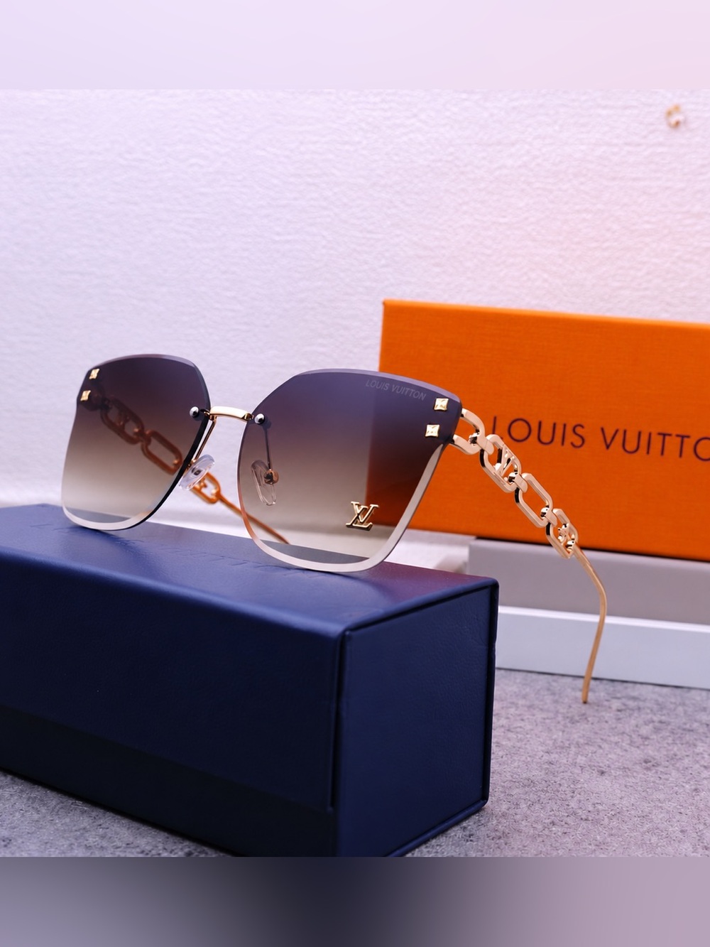 Louis Vuitton Brown Gradient Rimless Sunglasses with Gold Chain Temples